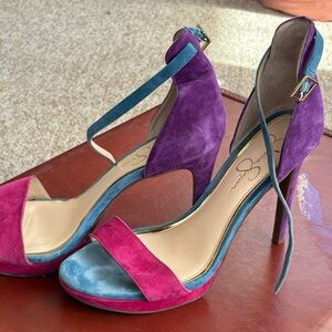 Jessica Simpson colour block suede strappy stiletto heels size 10 EUC